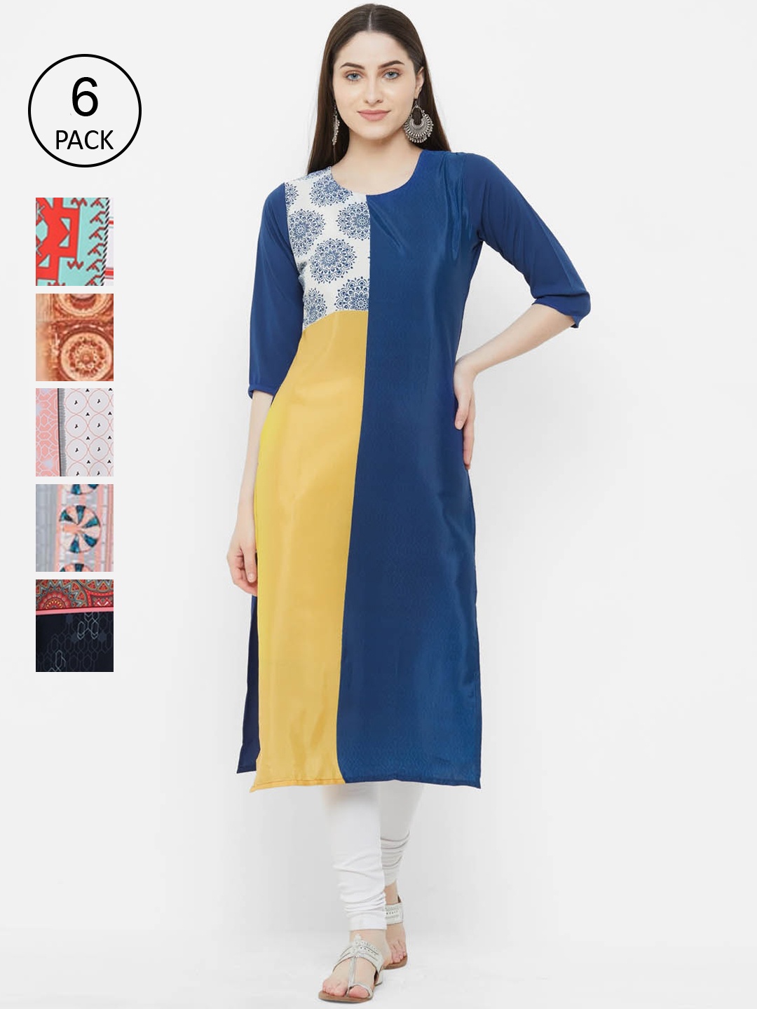 

Ethnic basket Set Of 6 Women Multicoloured Printed Crepe Kurta, Multi