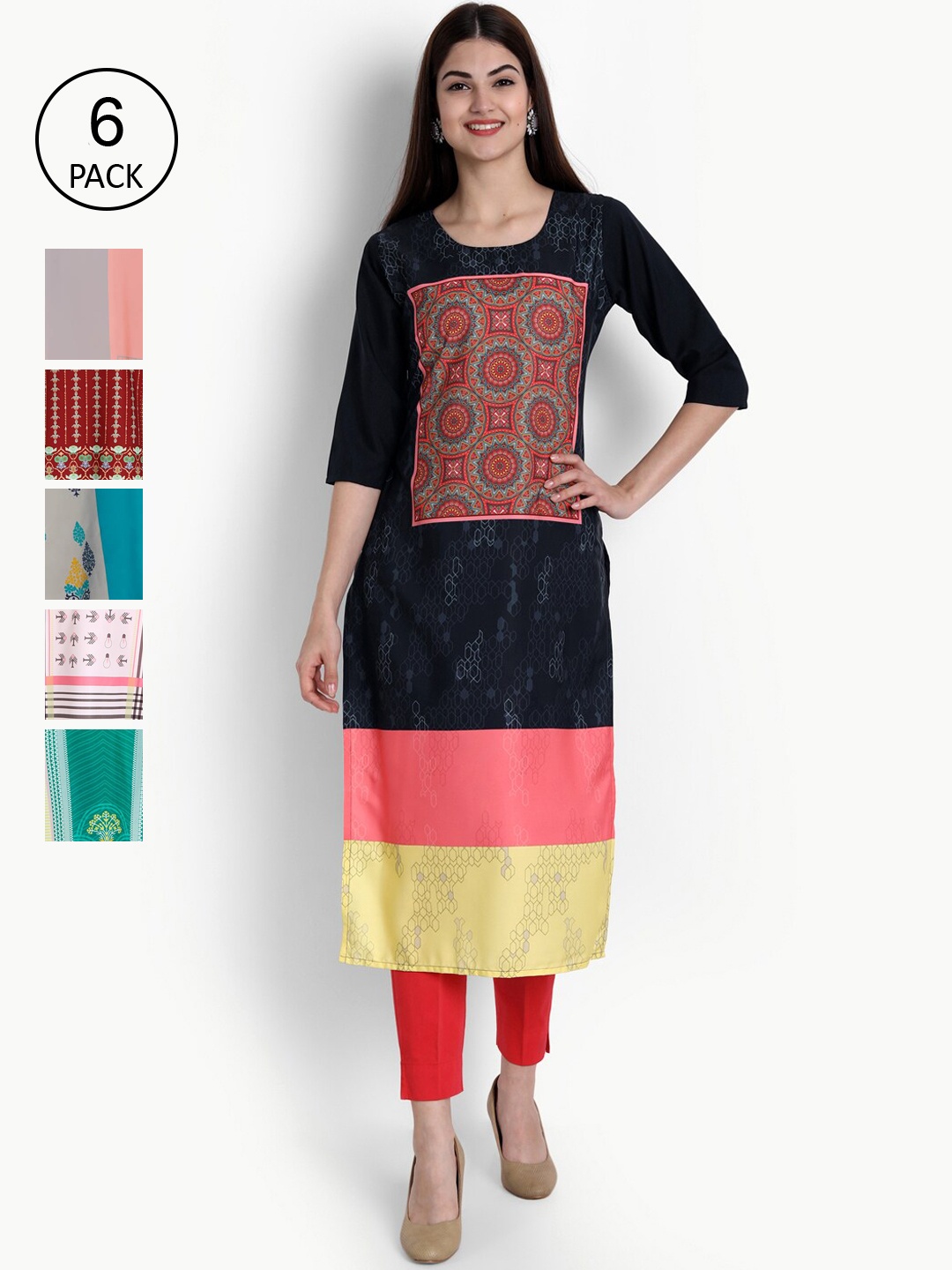 

Ethnic basket Women Pack Of 6 Multicoloured Colourblocked Thread Work Printed Crepe Kurtas, Multi
