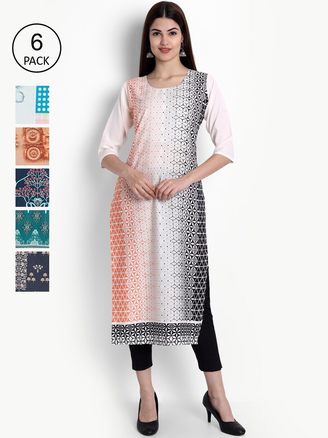 

Ethnic basket Women Multicolored Pack of 6 Block Print Crepe Kurta, Multi