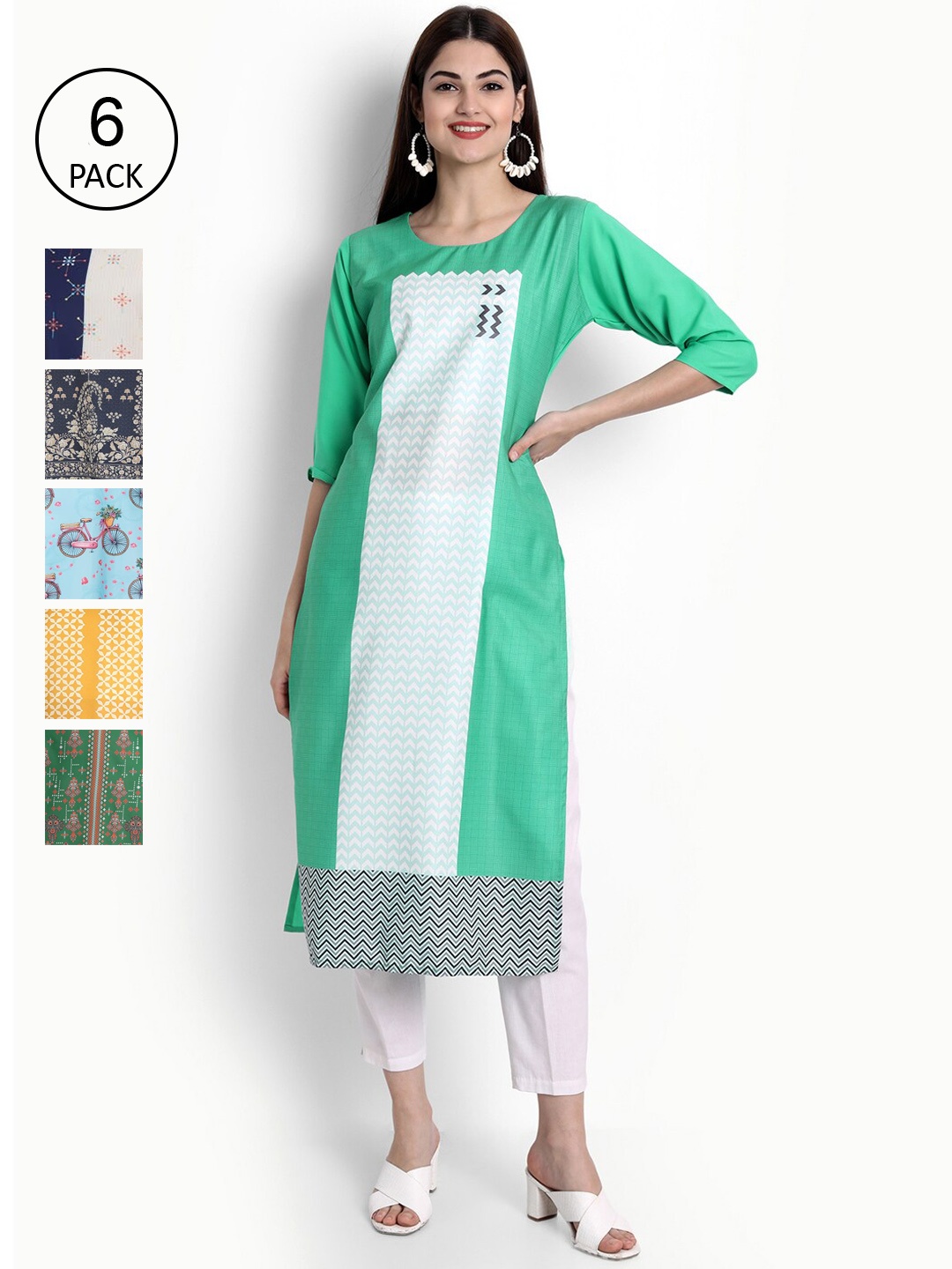 

Ethnic basket Women Pack Of 6 Printed Crepe Kurta, Green