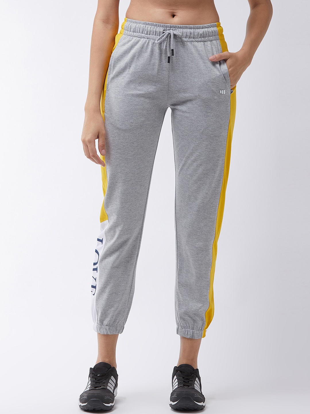 

Modeve Women Grey Melange & Yellow Solid Cotton Joggers