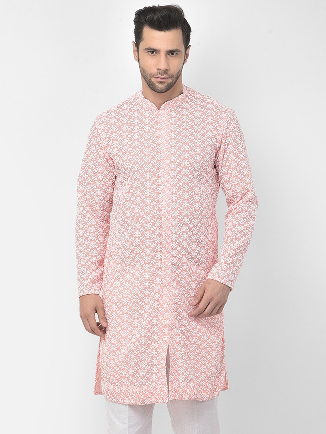 

LAMAAYA Men Peach-Coloured Floral Printed Pure Cotton Kurta with Pyjamas