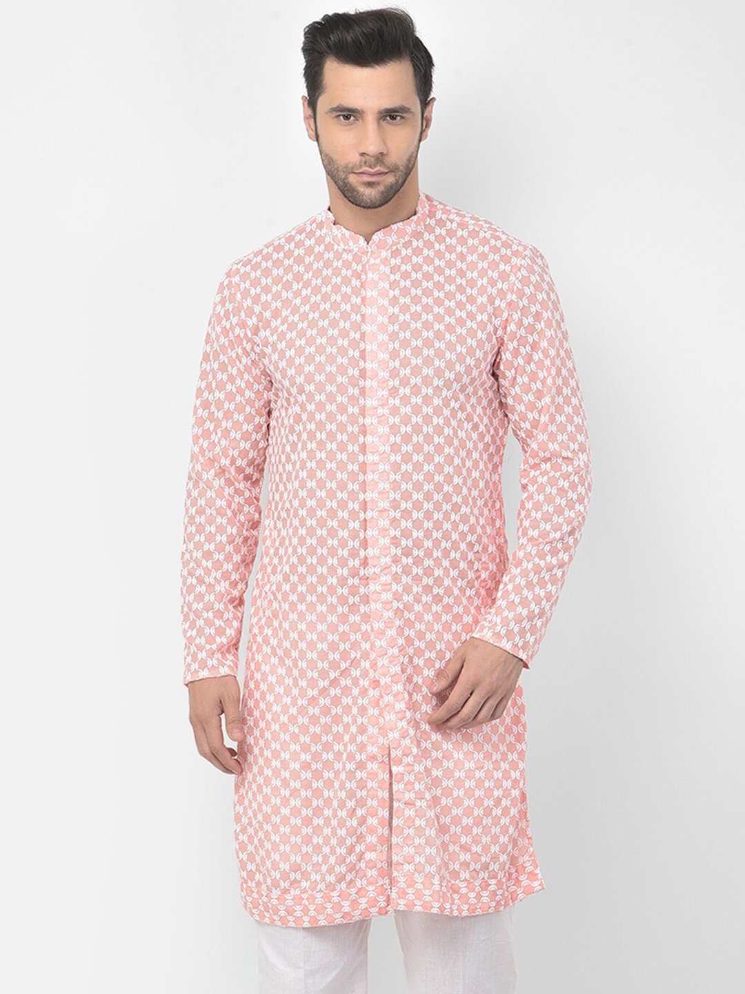 

LAMAAYA Men Peach-Coloured Printed Pure Cotton Kurta with Pyjamas