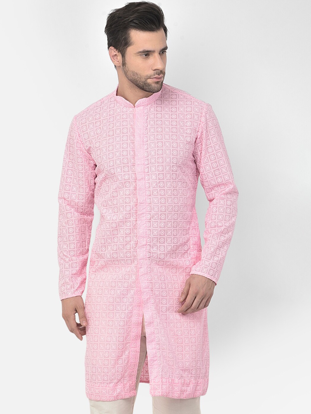 

LAMAAYA Men Pink Floral Embroidered Pure Cotton Kurta with Pyjamas