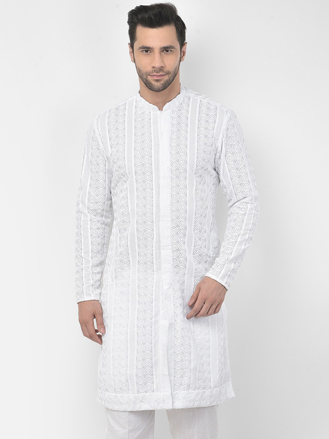 

LAMAAYA Men White Striped Angrakha Pure Cotton Kurta with Pyjamas