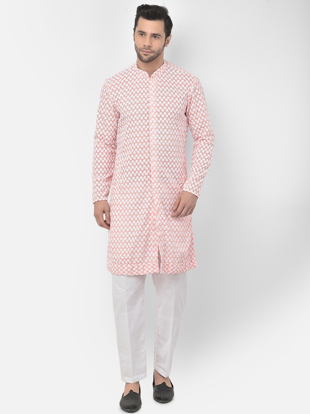 

LAMAAYA Men Peach-Coloured & White Embroidered Pure Cotton Kurta with Pyjamas