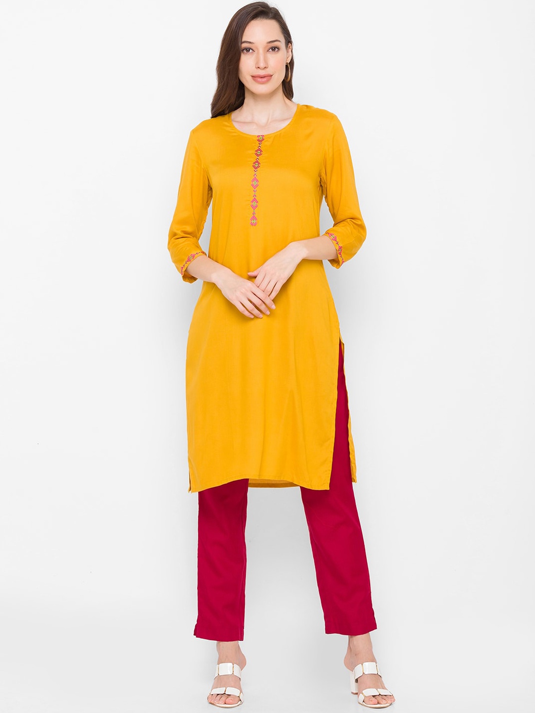 

Globus Women Yellow Embroidered Straight Kurta