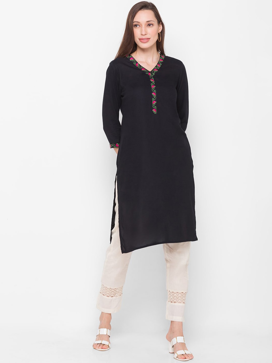 

Globus Women Black Thread Work Kurta