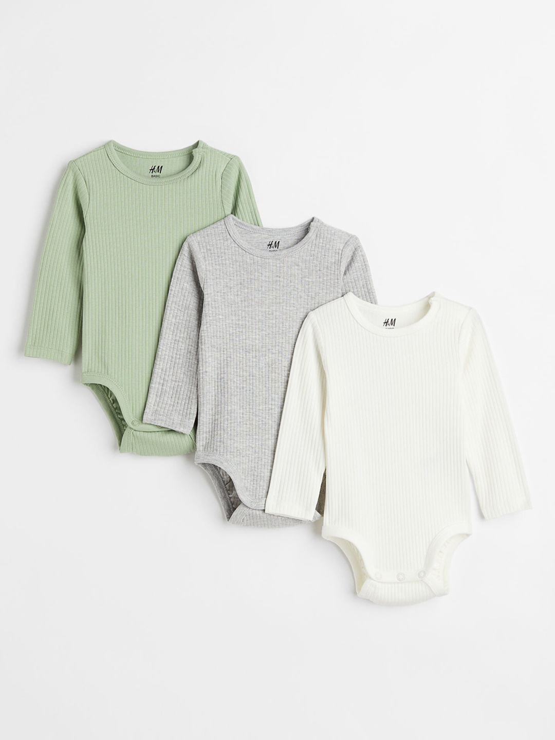 

H&M Girls Pack of 3 White Green & Grey Ribbed Cotton Bodysuit