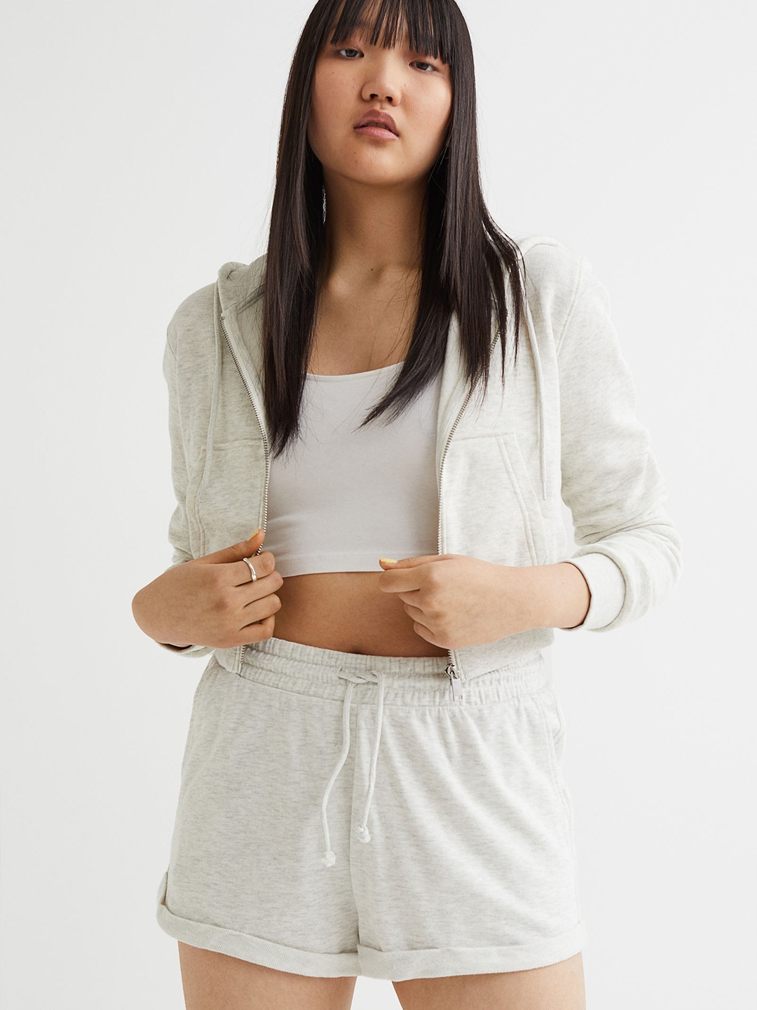 

H&M Women Grey Solid Cropped Zip-Through Hoodie