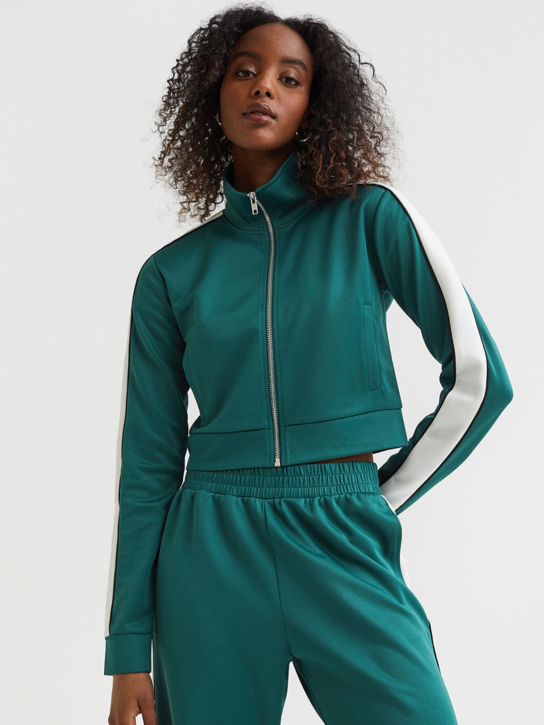 

H&M Women's Green & White Cropped track jacket