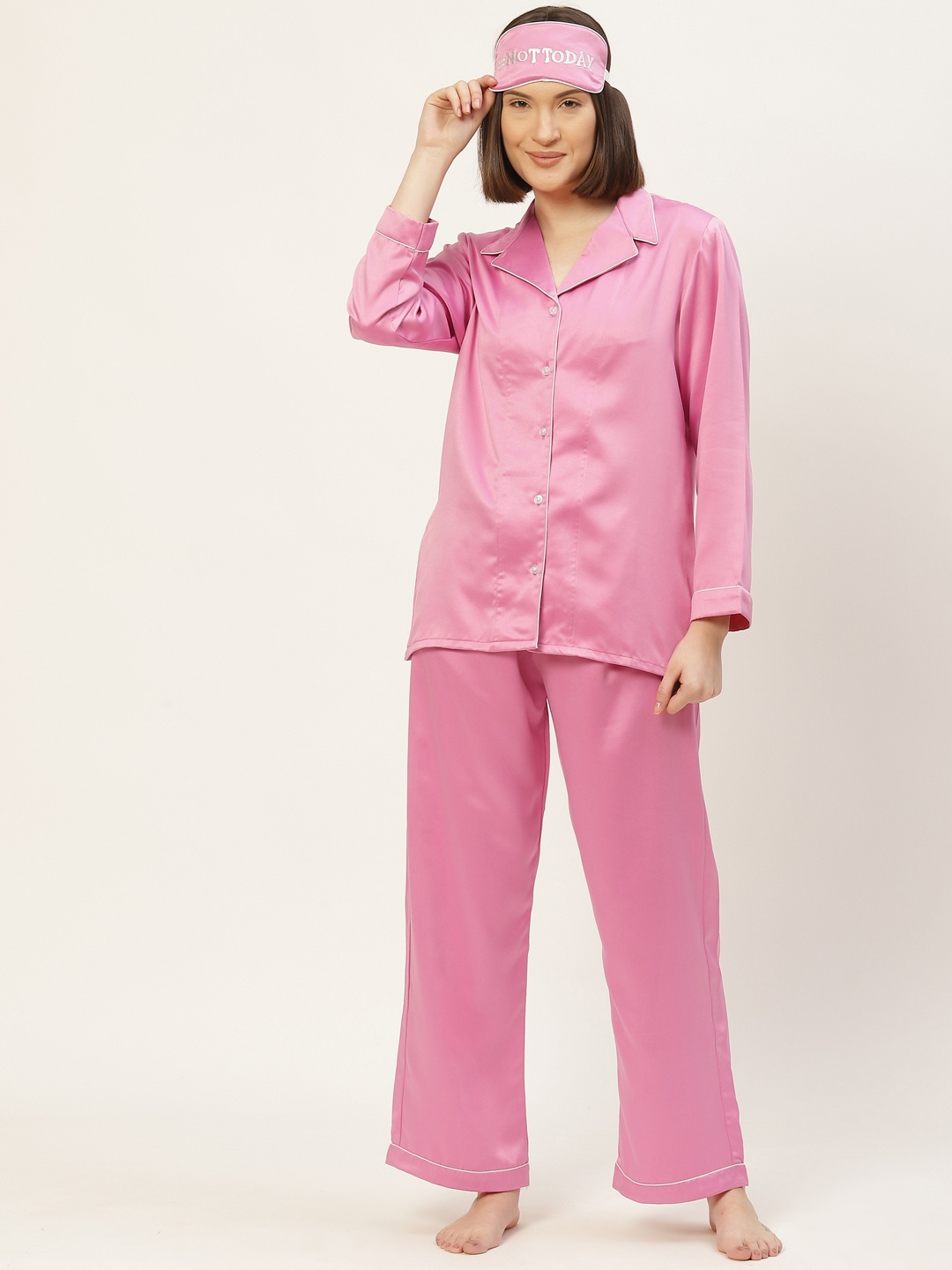 bedgasm Women Pink Satin Night suit with Eye Mask