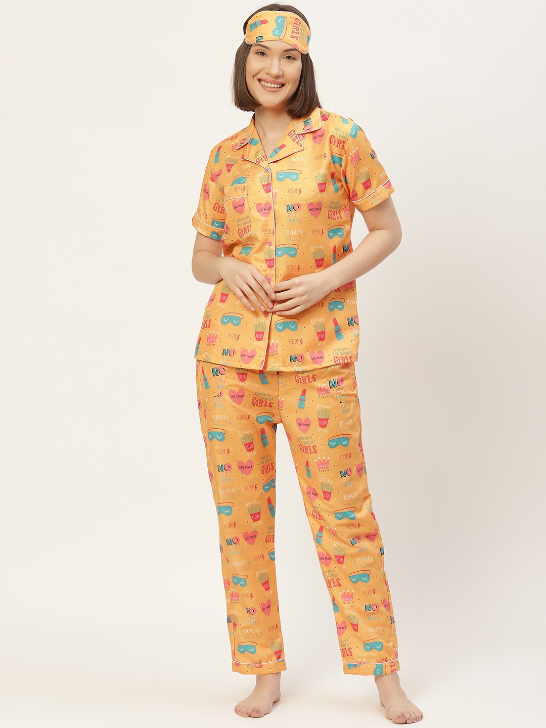 

bedgasm Women Yellow Printed Night suit with Eye Mask