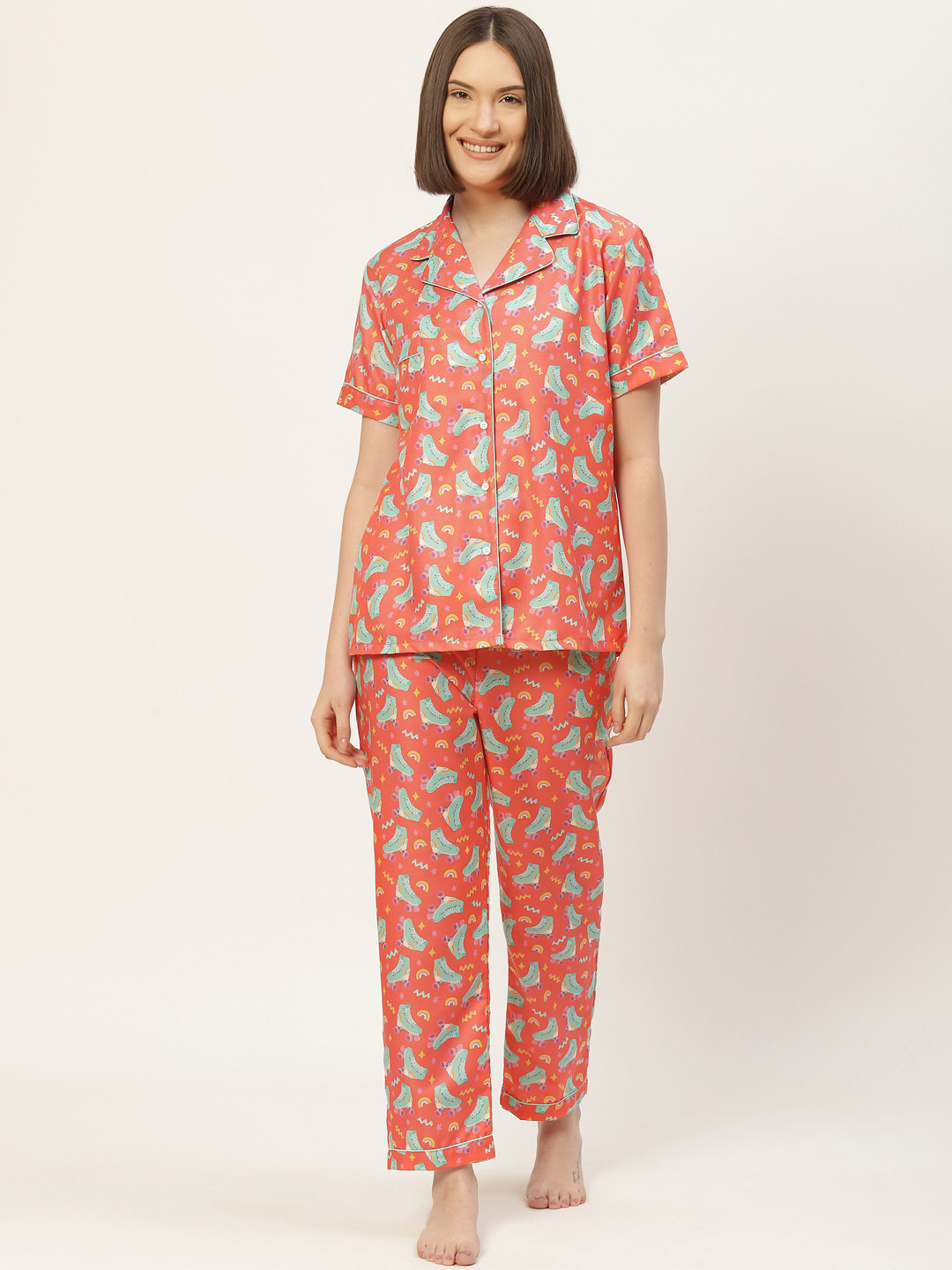 

bedgasm Women Red Printed Night suit with Eye Mask