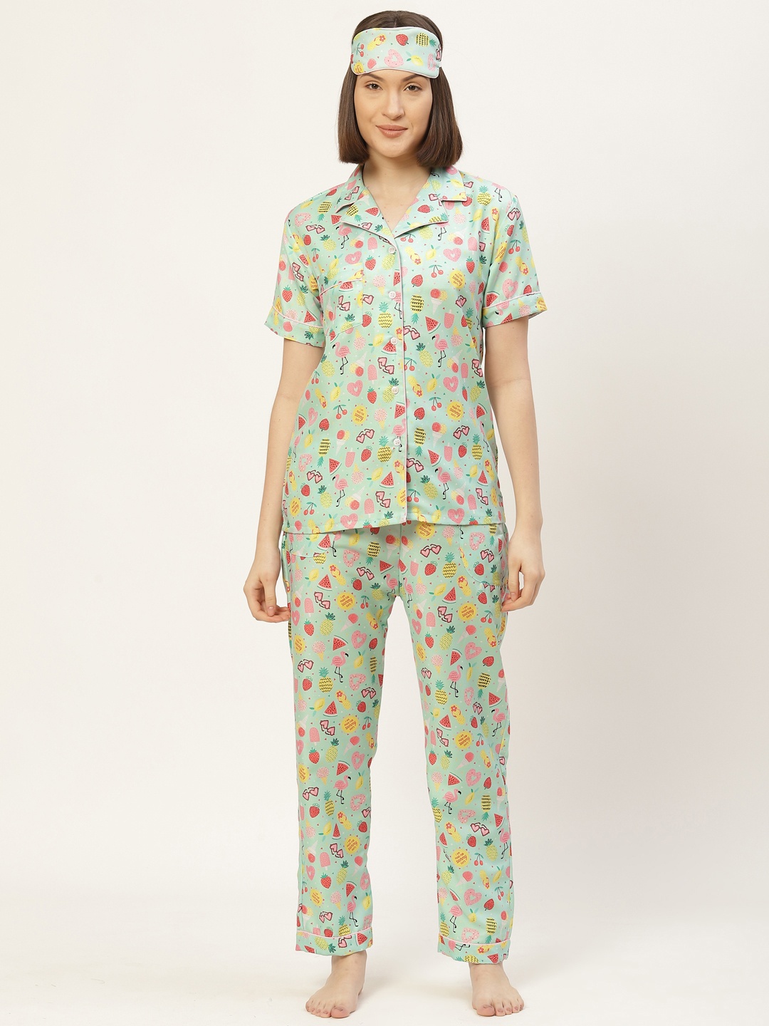 

bedgasm Women 3 Pc Mint Green & Yellow Printed Night Suit Set with Eye Mask