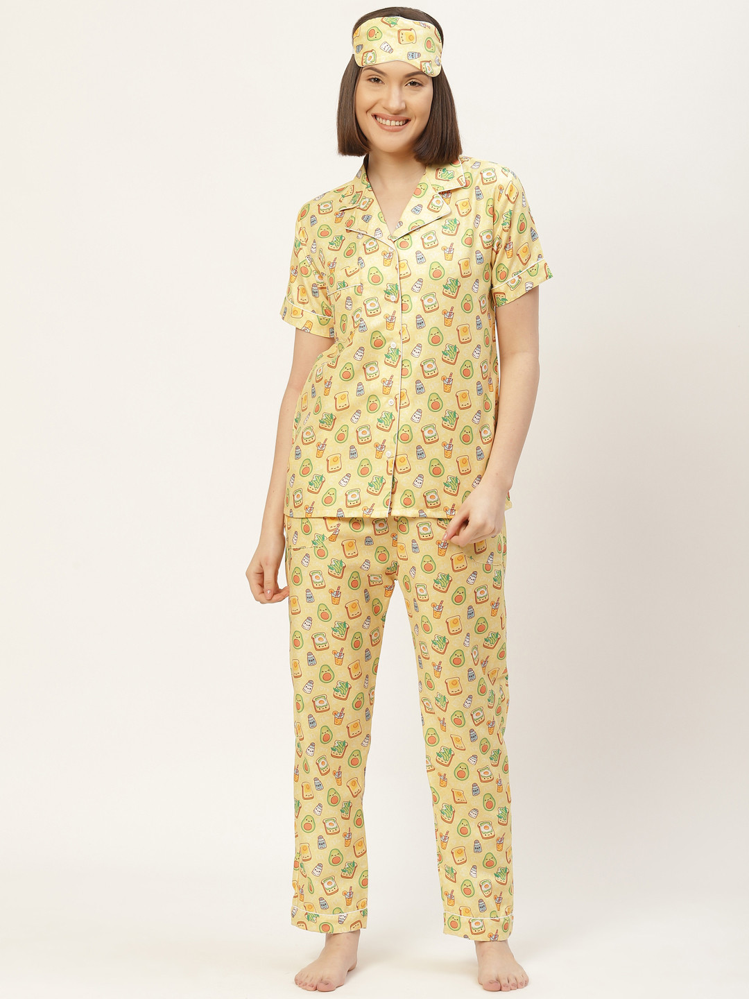 

bedgasm Women Yellow Printed Night suit with Eye Mask