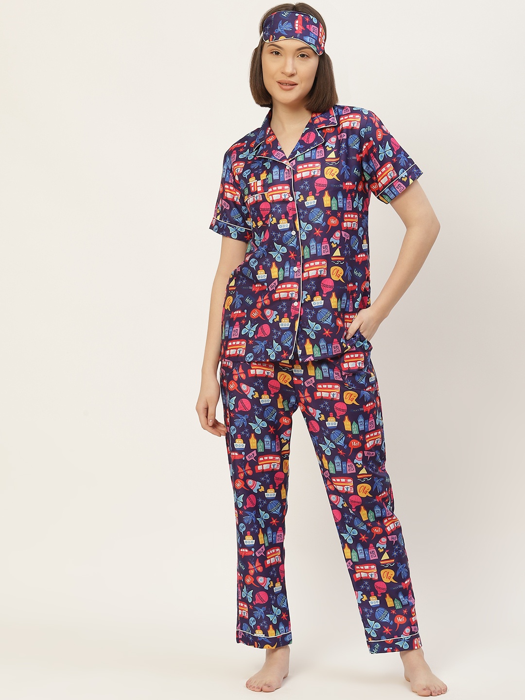 

bedgasm Women Navy Blue Printed Night suit with Eye Mask