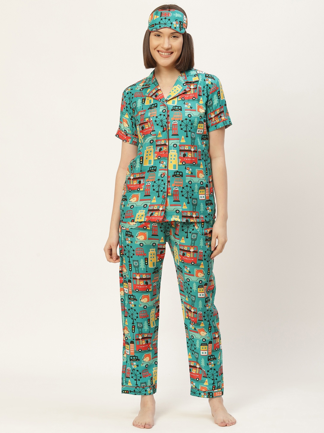 

bedgasm Women Teal Blue Printed Night suit with Eye Mask