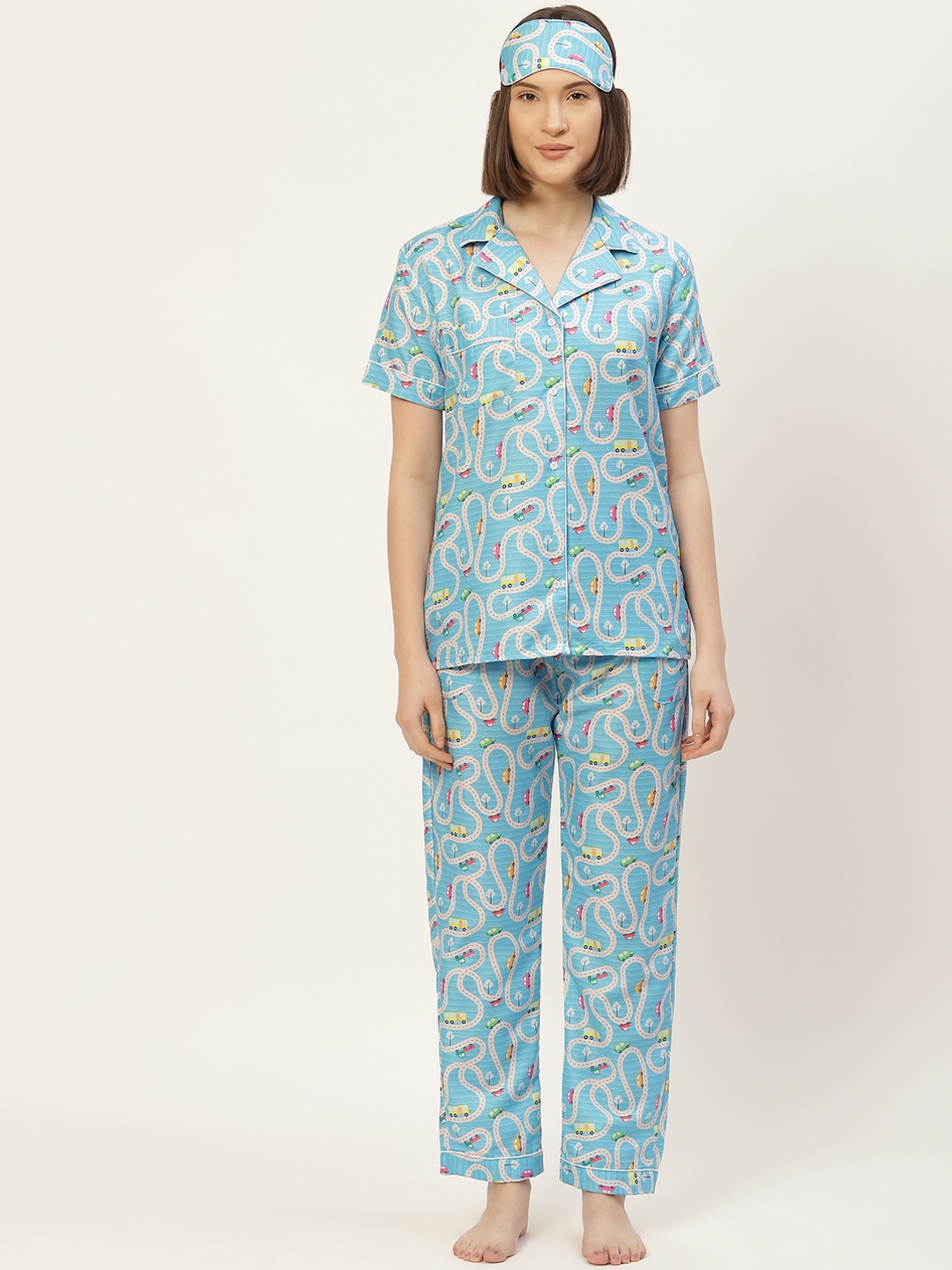 

bedgasm Women Blue Printed Night suit with Eye Mask