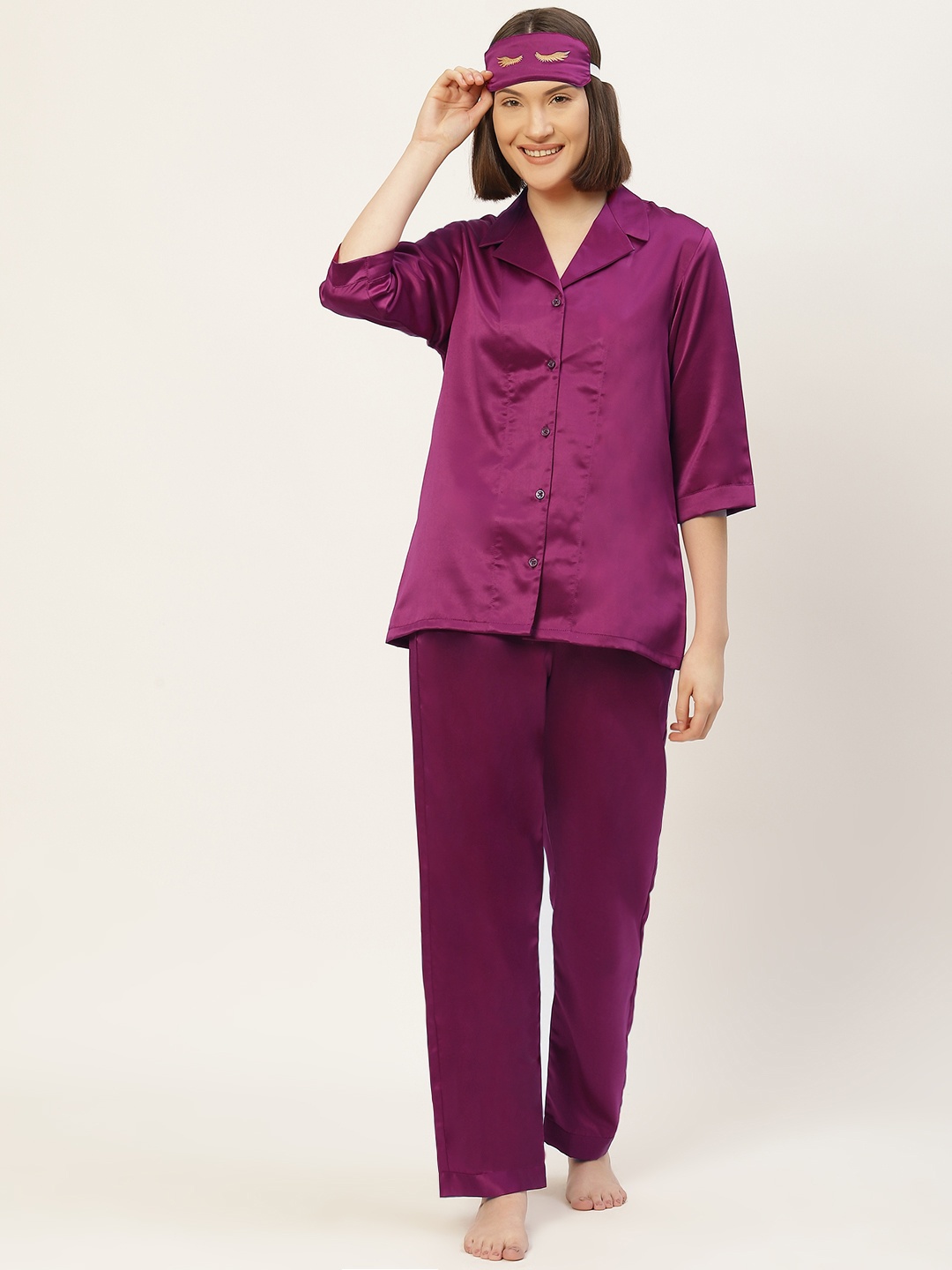

bedgasm Women Magenta Satin Night suit with Eye Mask
