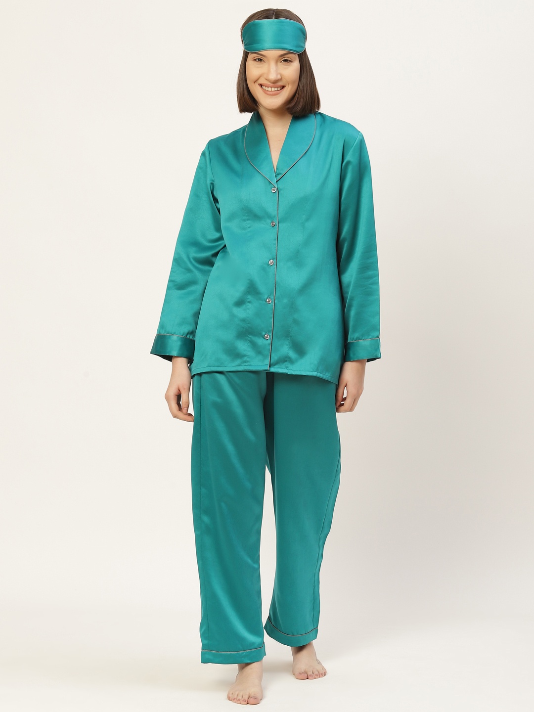 

bedgasm Women Teal Blue Satin Night suit with Eye Mask