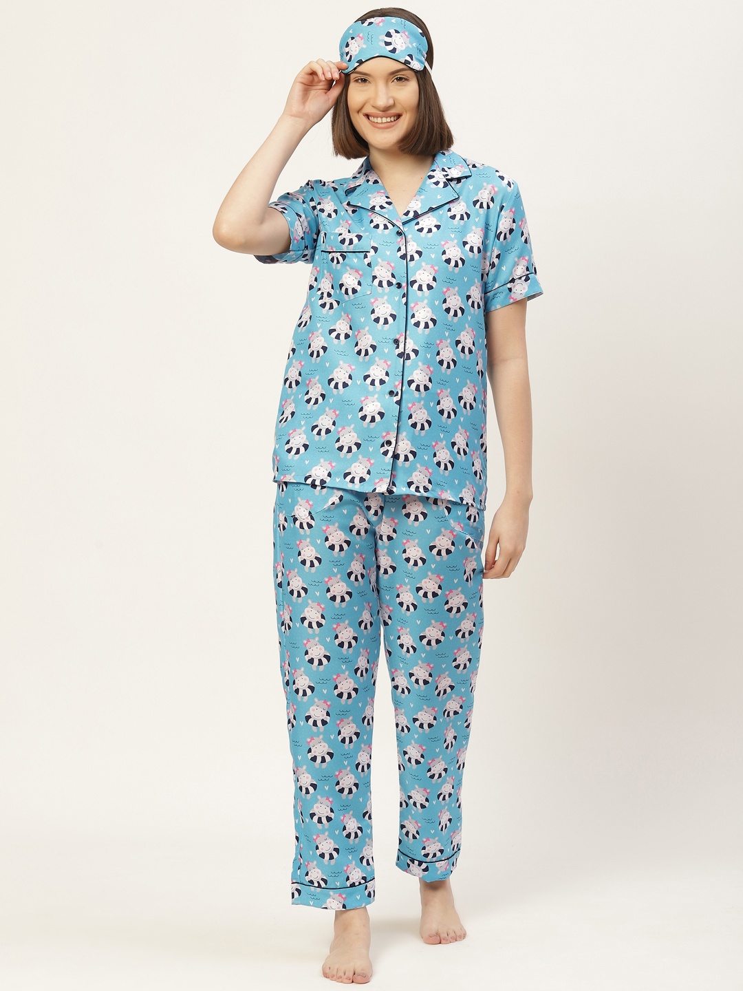 

bedgasm Women Blue Printed Night suit with Eye Mask