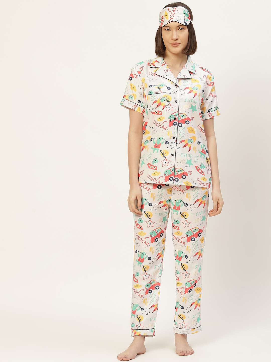 

bedgasm Women White Printed Night suit with Eye Mask
