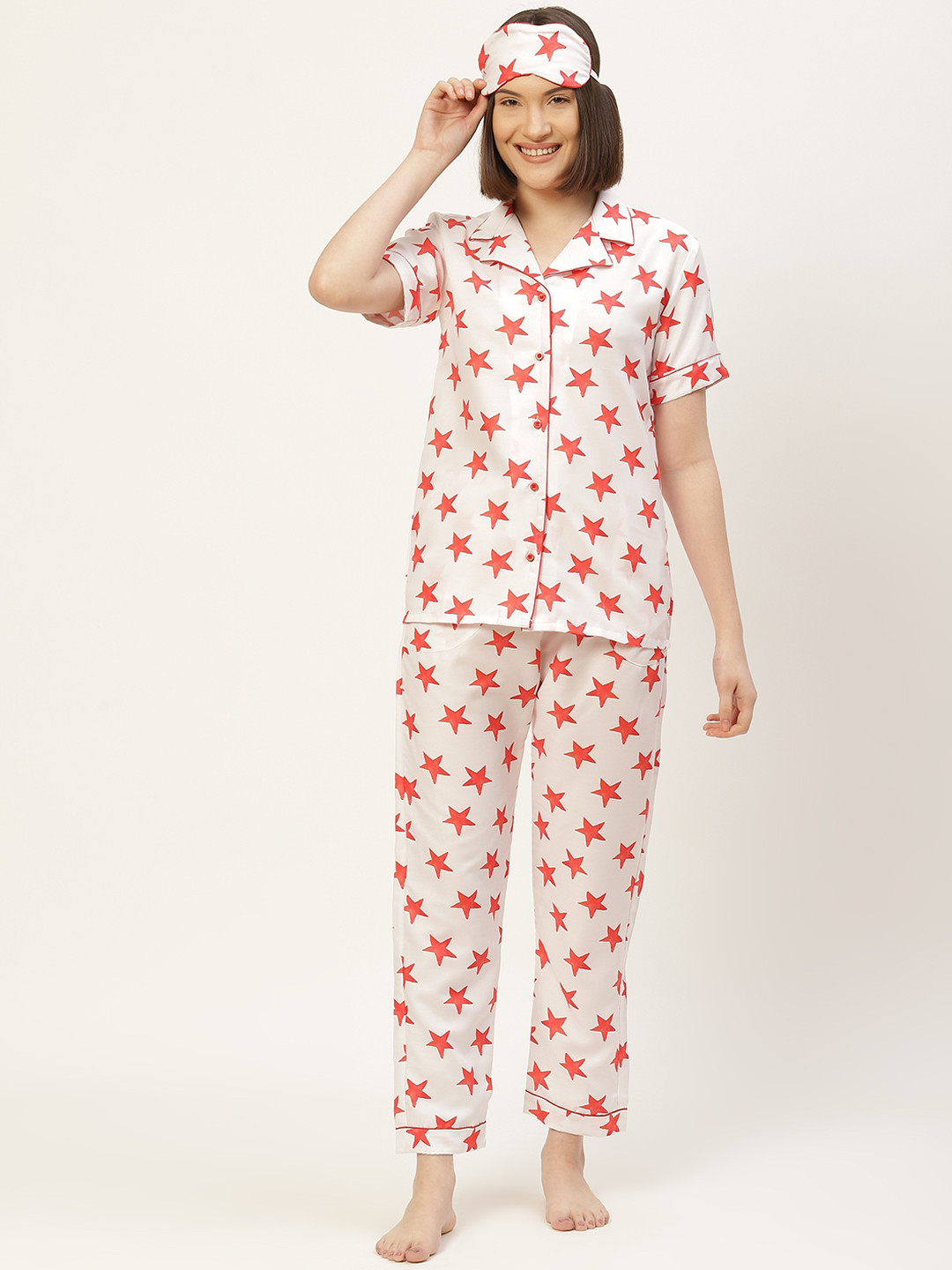

bedgasm Women White Printed Night suit with Eye Mask