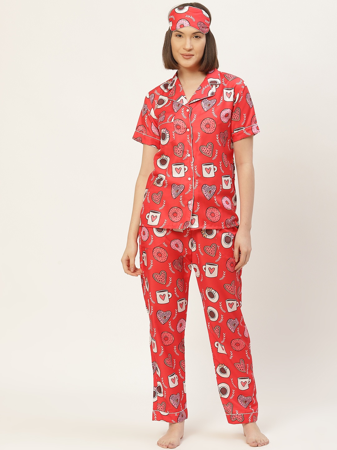 

bedgasm Women Red Printed Night suit with Eye Mask
