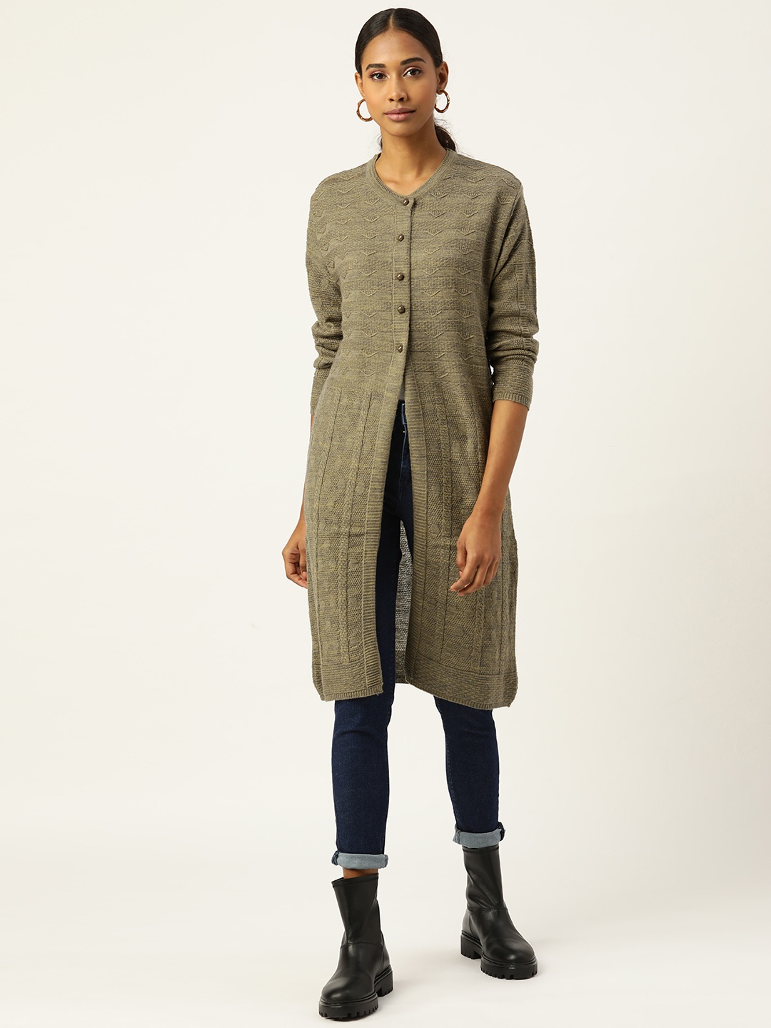

BROOWL Women Olive Green & Grey Self Design Longline Cardigan