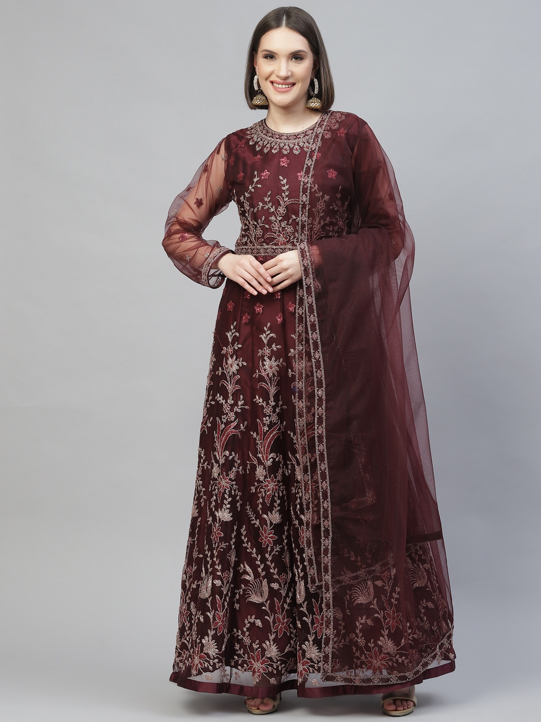 

Readiprint Fashions Maroon Embroidered Semi-Stitched Dress Material