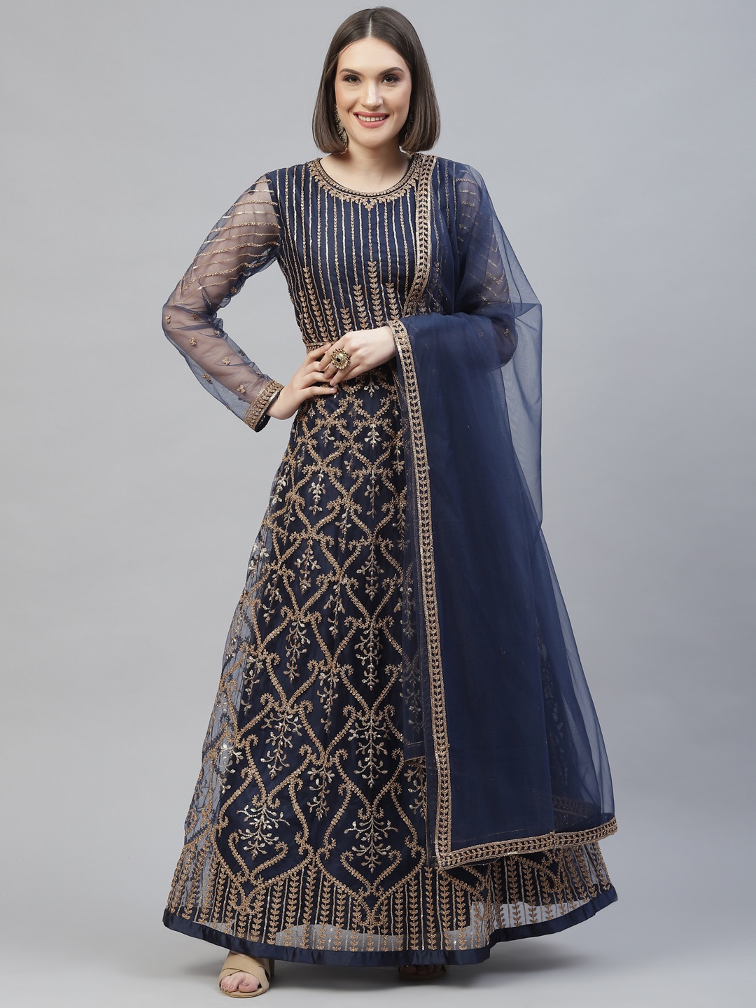 

Readiprint Fashions Navy Blue & Gold-Toned Embroidered Semi-Stitched Dress Material