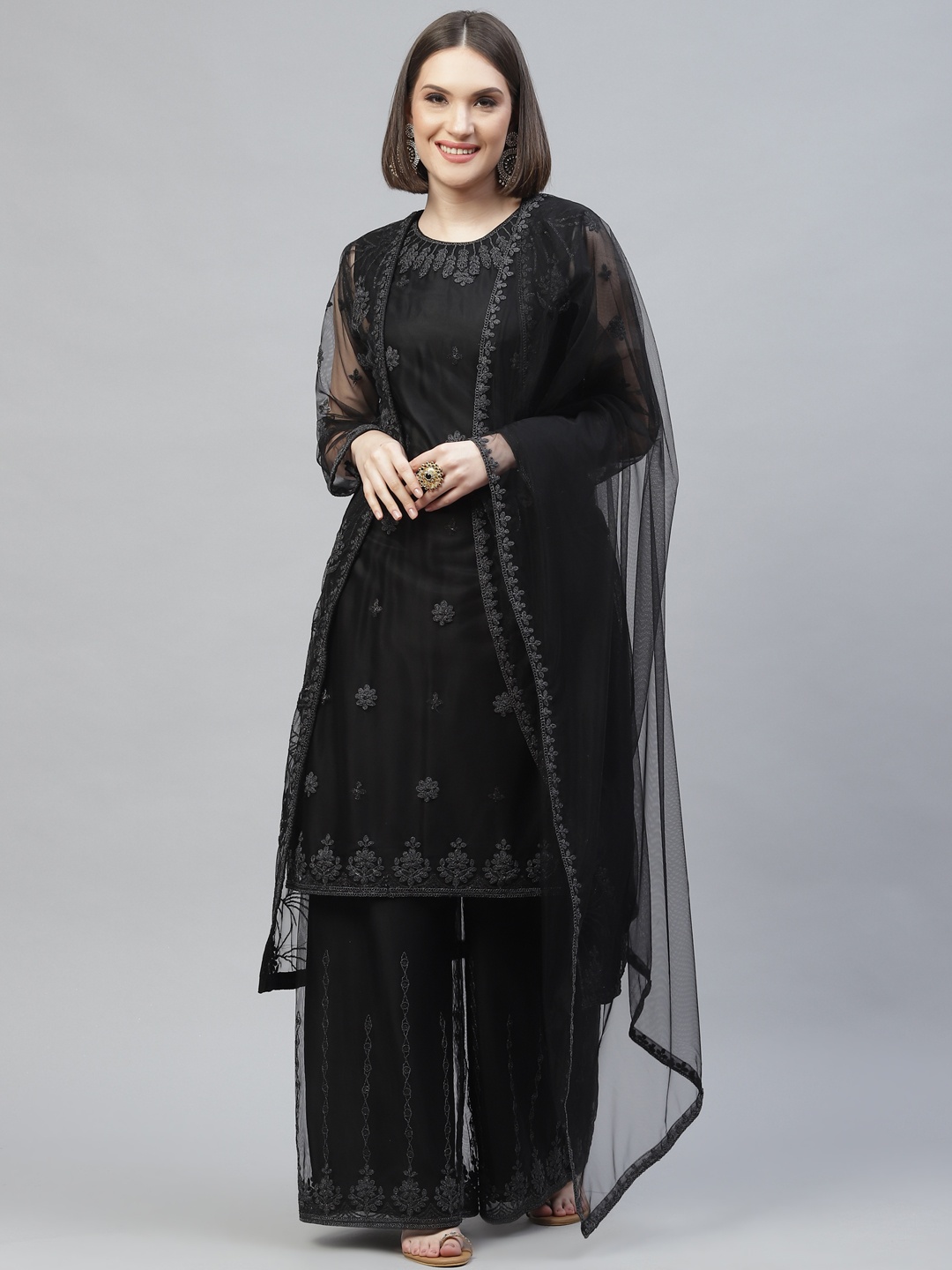 

Readiprint Fashions Black Embroidered Semi-Stitched Dress Material