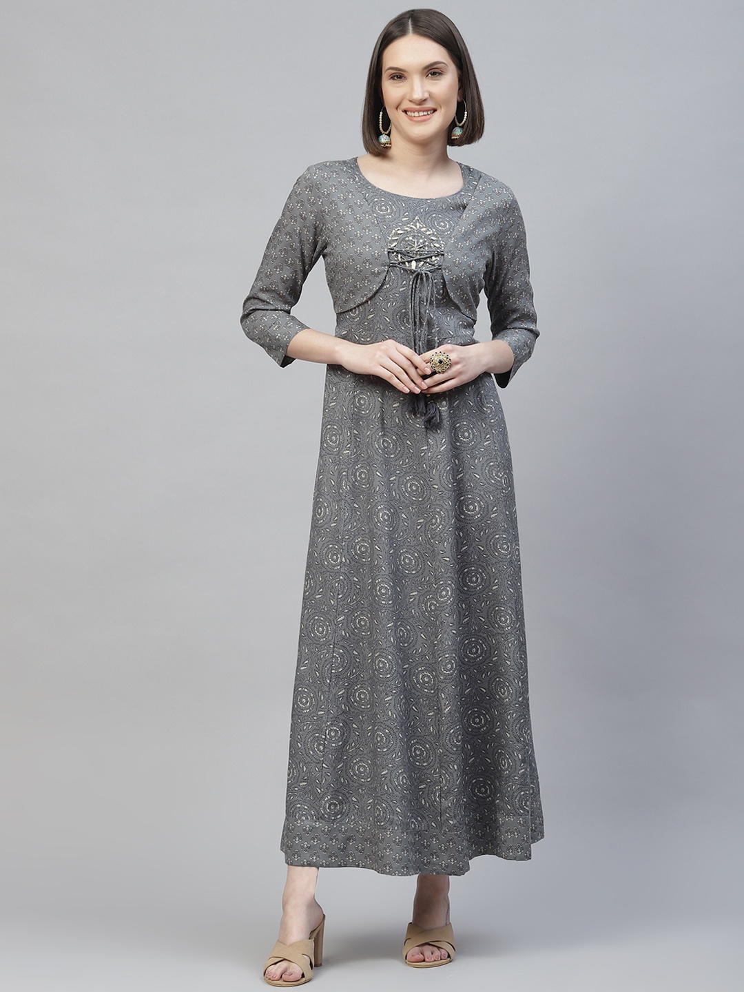 

Readiprint Fashions Grey Floral Layered Ethnic Maxi Dress with Jacket