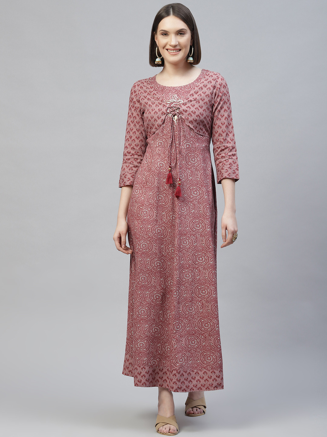 

Readiprint Fashions Mauve Floral Layered Ethnic A-Line Maxi Dress with Jacket