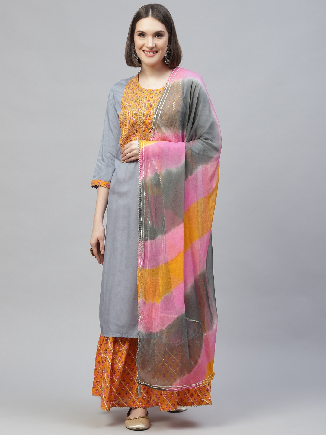 

Readiprint Fashions Women Grey & Mustard Yellow Cotton Kurta with Sharara & With Dupatta