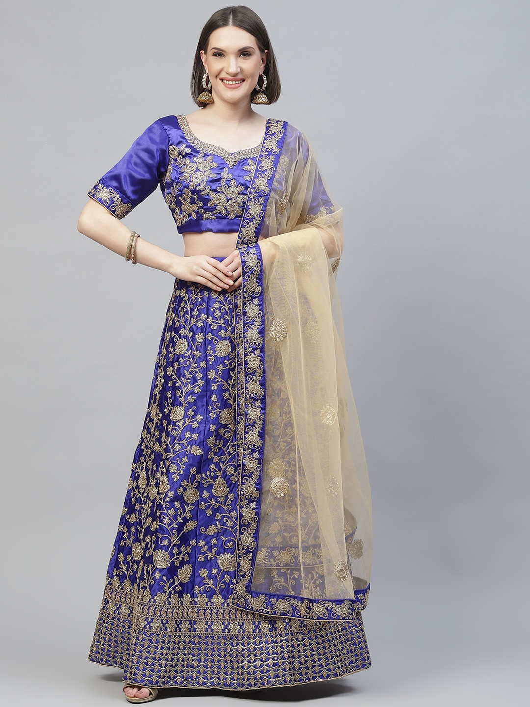 

Readiprint Fashions Blue & Beige Embroidered Semi-Stitched Lehenga & Unstitched Blouse