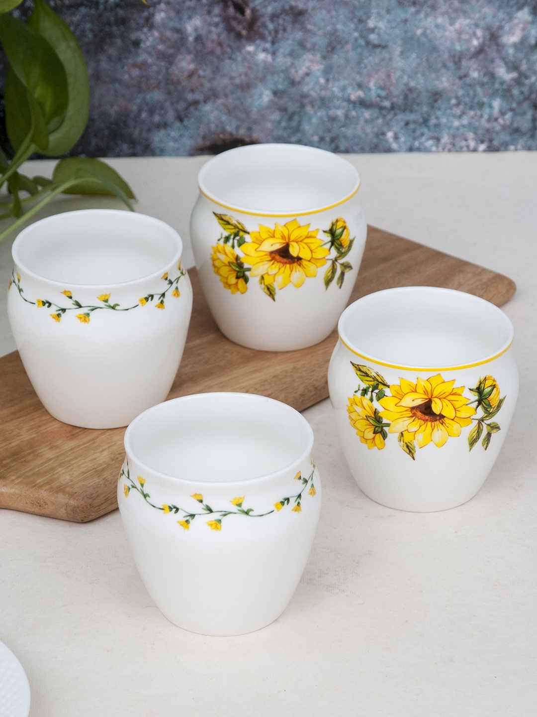 

CLAY CRAFT Set Of 4 Yellow & White Floral Printed Ceramic Glossy Kulladhs