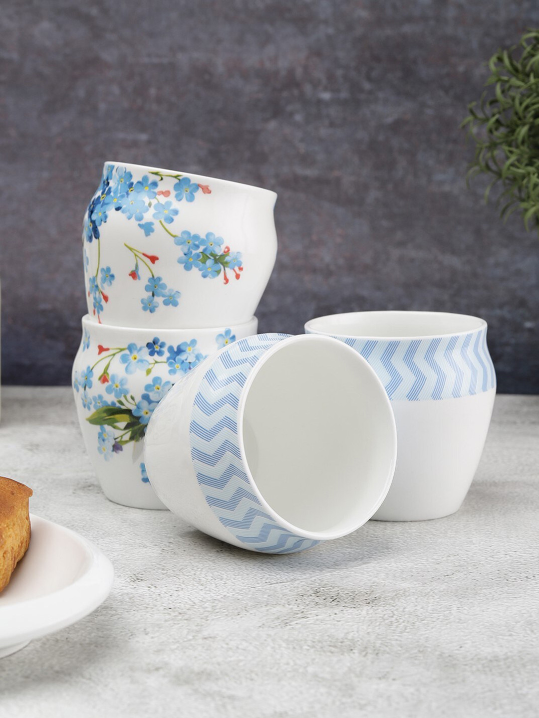 

CLAY CRAFT Set of 4 Blue & White Floral Printed Ceramic Glossy Kulladhs