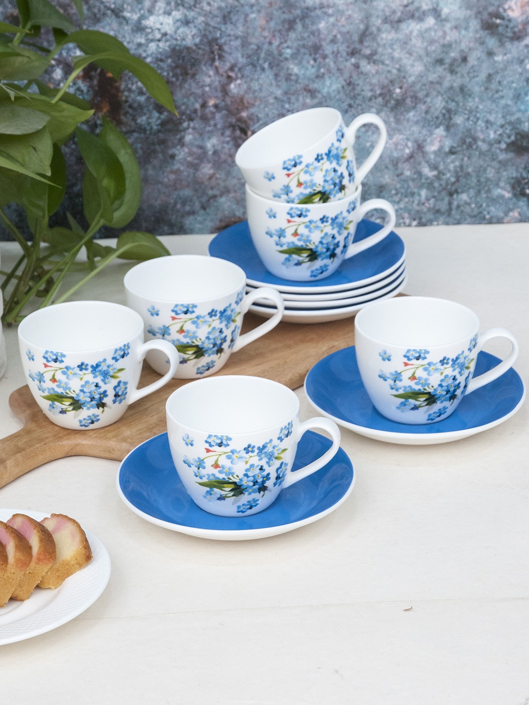 

CLAY CRAFT Blue & White Set Of 12 Floral Printed Ceramic Glossy Cups and Saucers