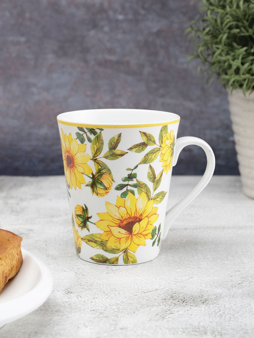 

CLAY CRAFT Yellow & Green Set Of 2 Floral Printed Ceramic Glossy Mugs