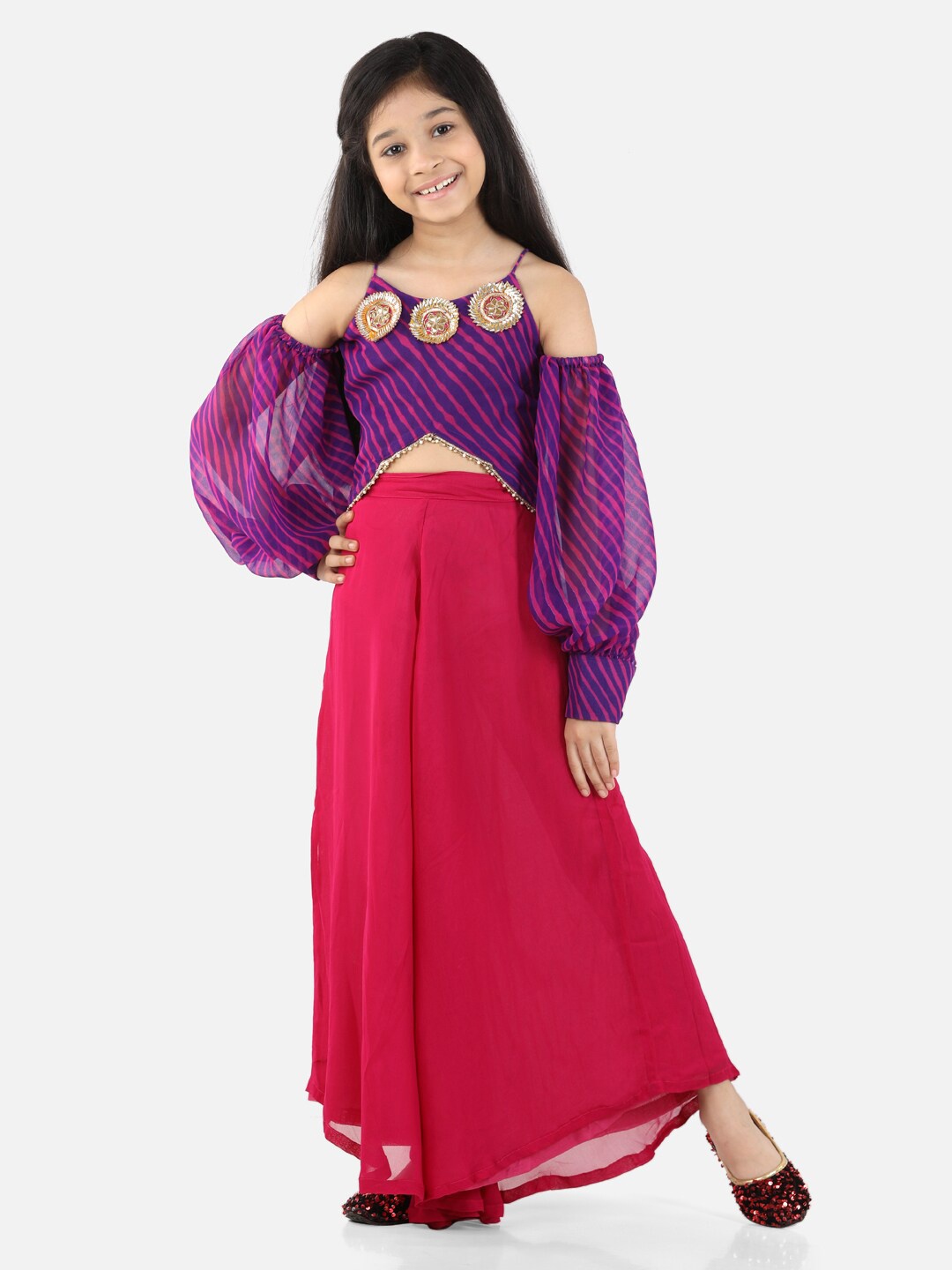 

Fairies Forever Girls Pink Leheriya Printed Gotta Patti Leheriya Top with Palazzos
