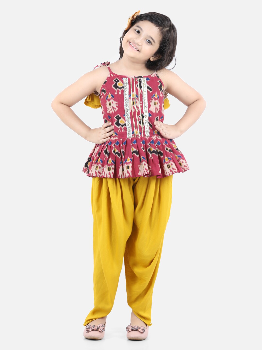 

Fairies Forever Girls Red & Yellow Printed Top with Dhoti Pants