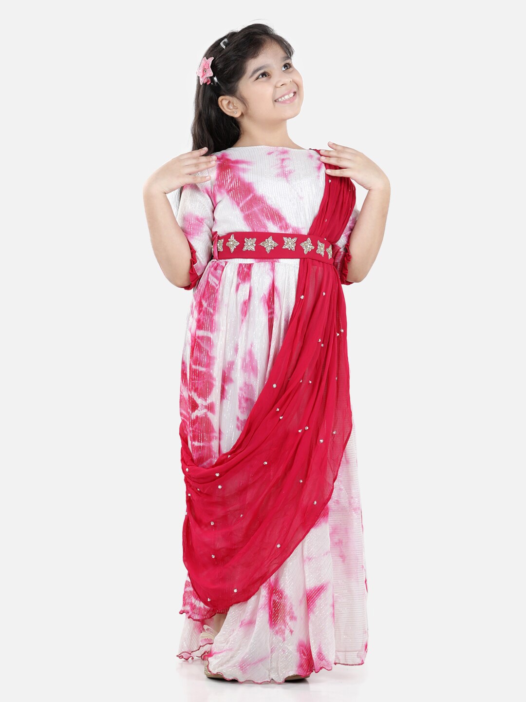 

Fairies Forever Pink & White Tie and Dye Dyed Layered Georgette Ethnic Maxi Dress