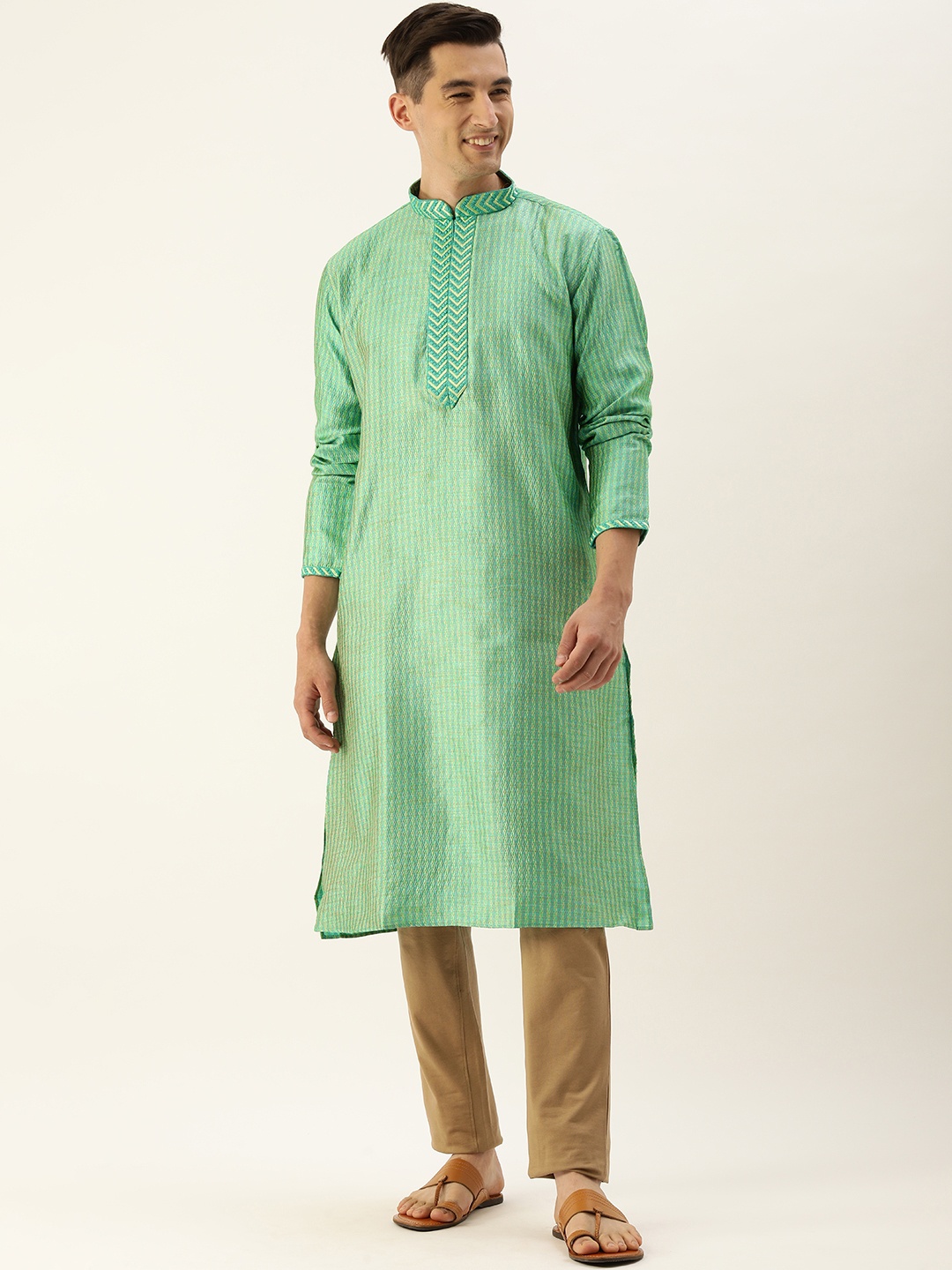 

SREEMANT Men Sea Green Woven Design Embroidered Detail Pastel Handloom Kurta