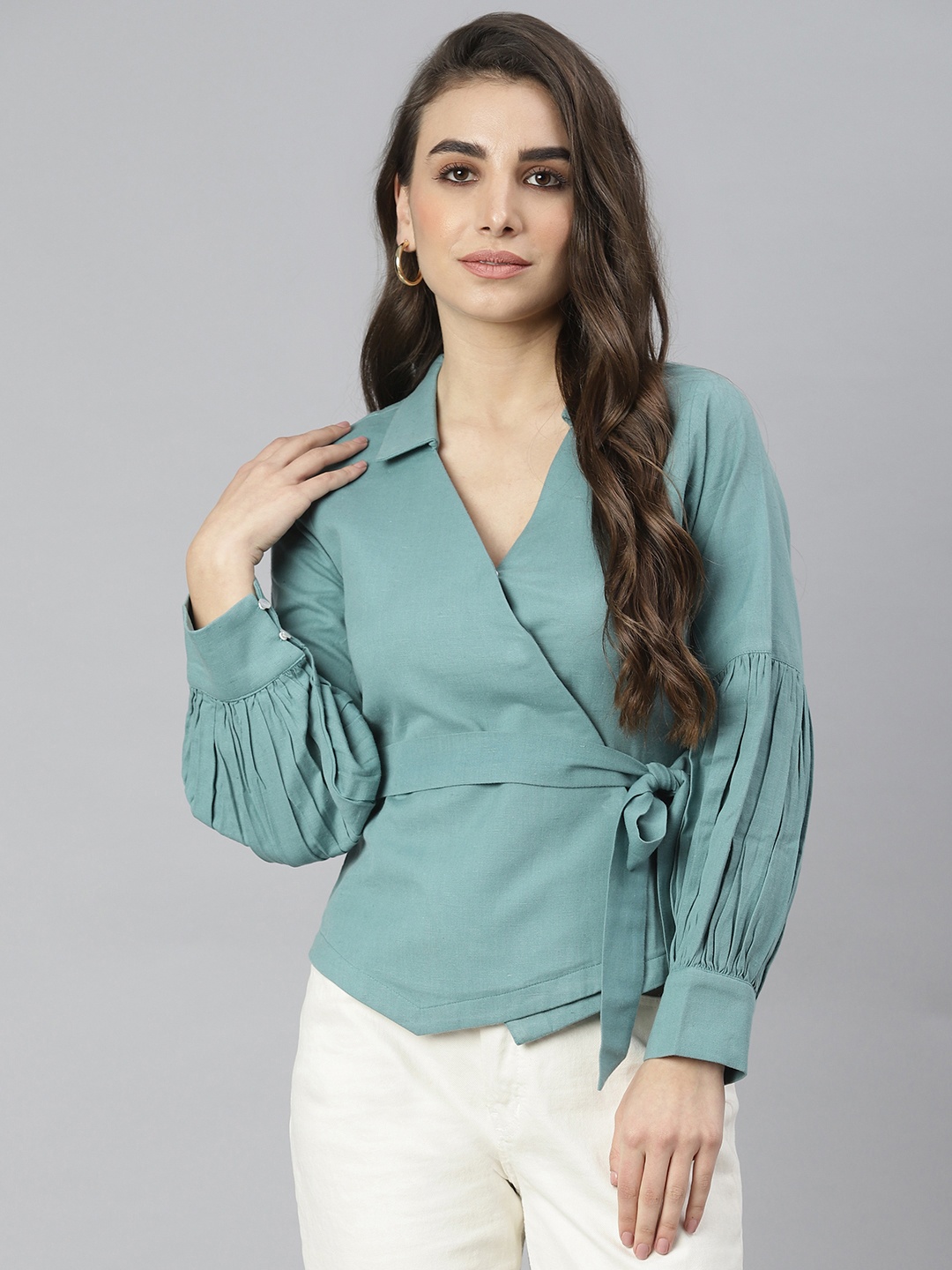 

DEEBACO Women Blue Solid Pure Cotton Wrap Top