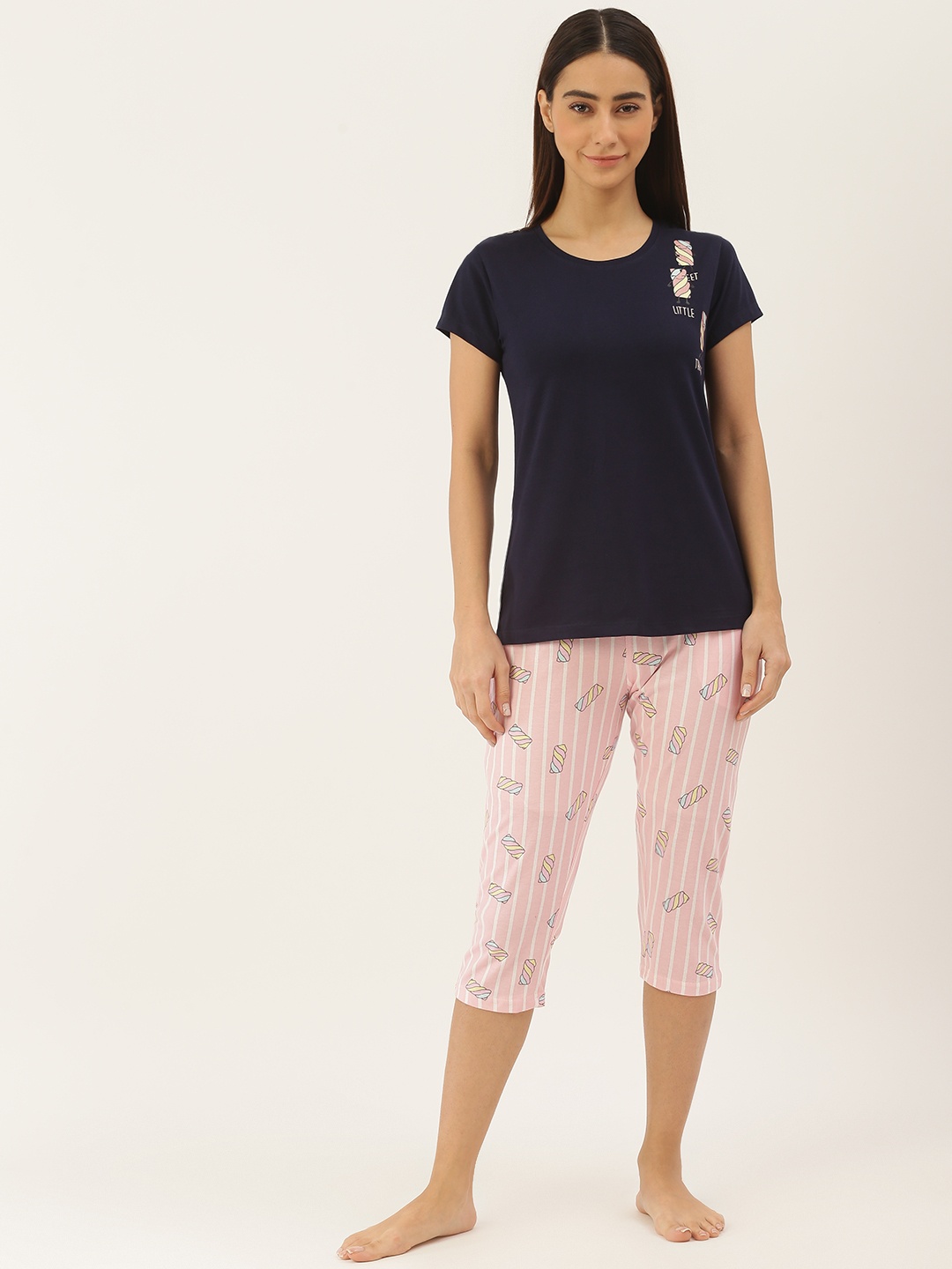 

Sweet Dreams Women Navy Blue & Pink Printed Night Suit