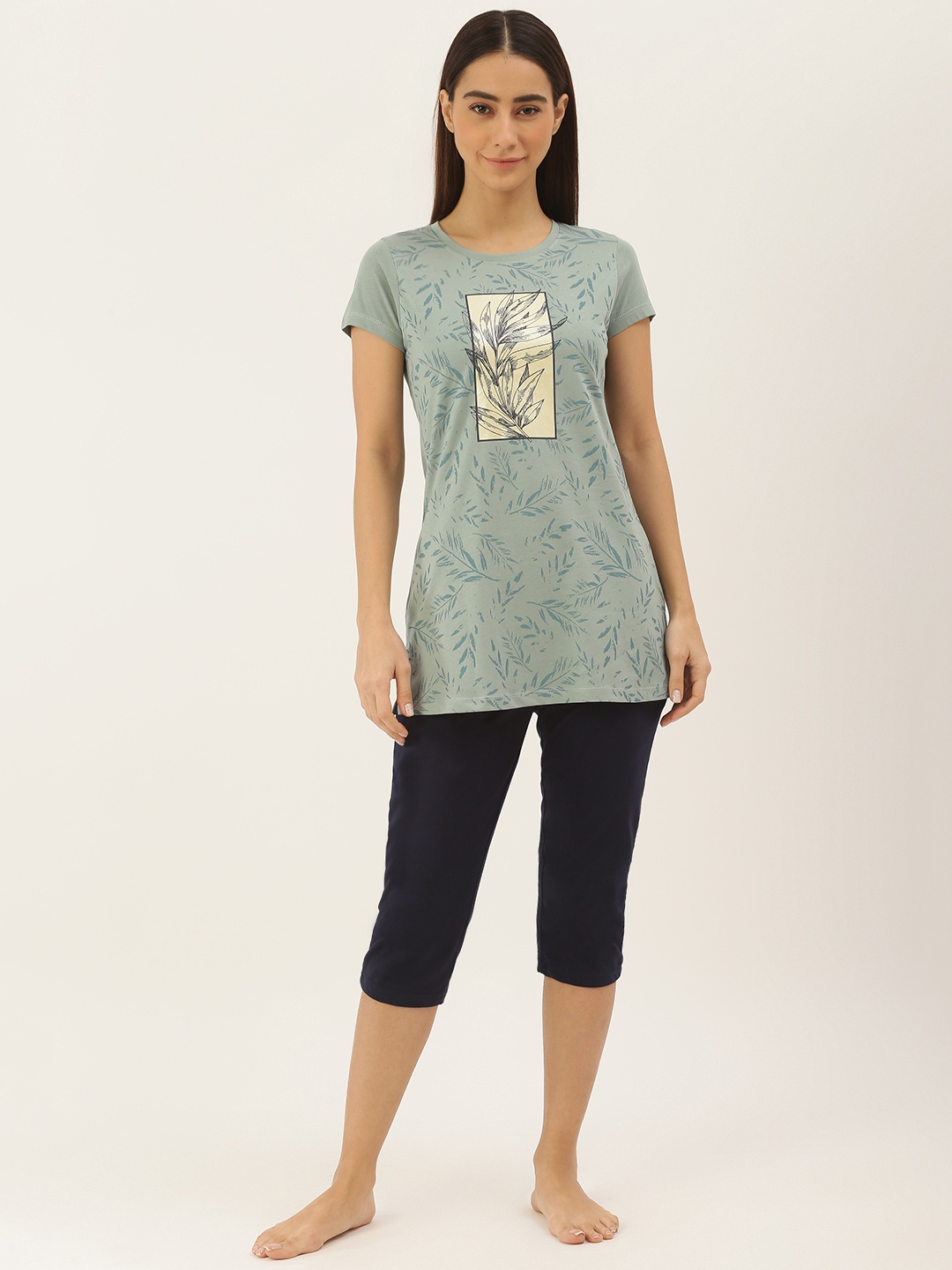 

Sweet Dreams Women Green & Navy Blue Printed Pure Cotton Night Suit