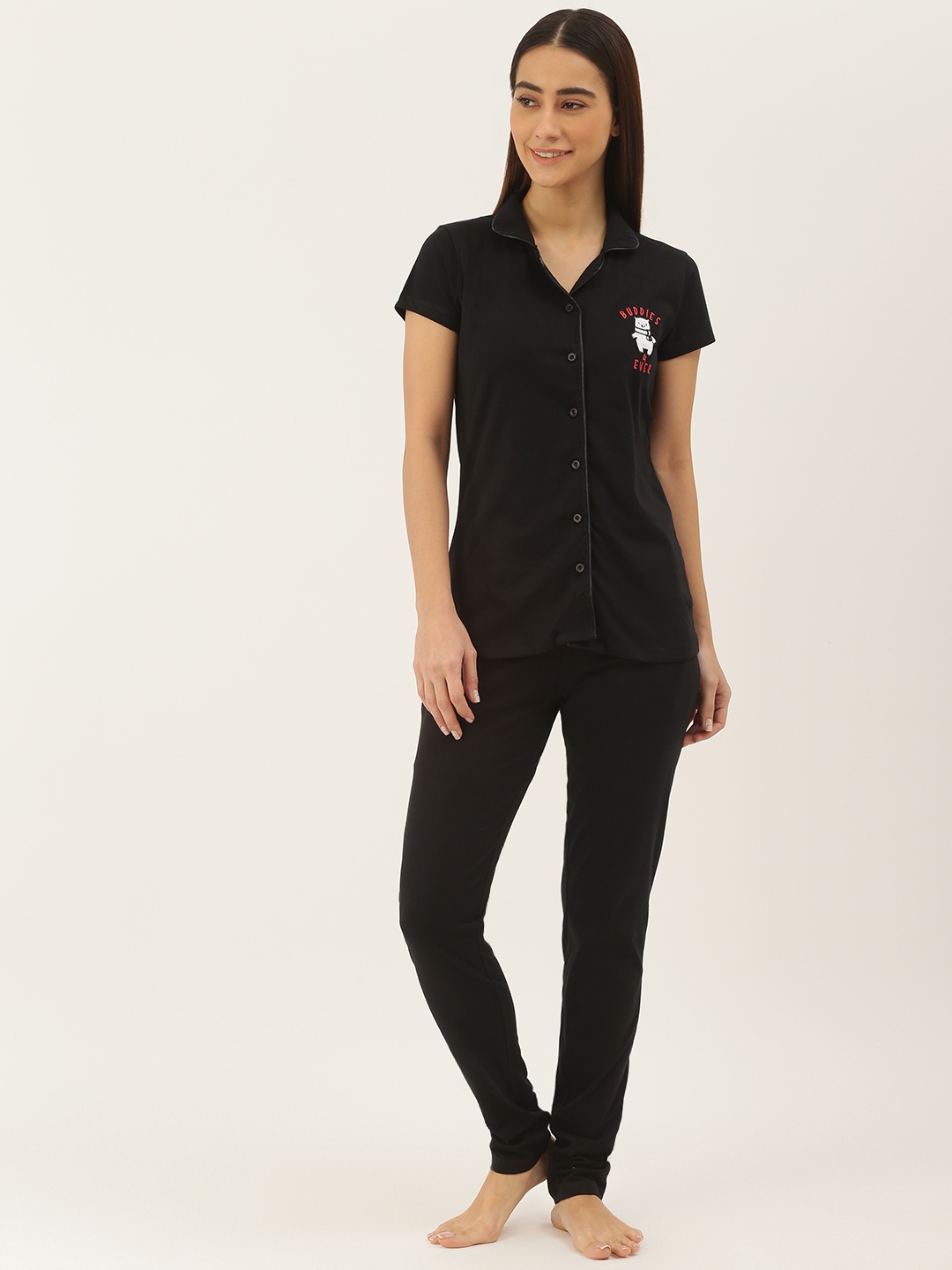 

Sweet Dreams Women Black Solid Pure Cotton Night Suit