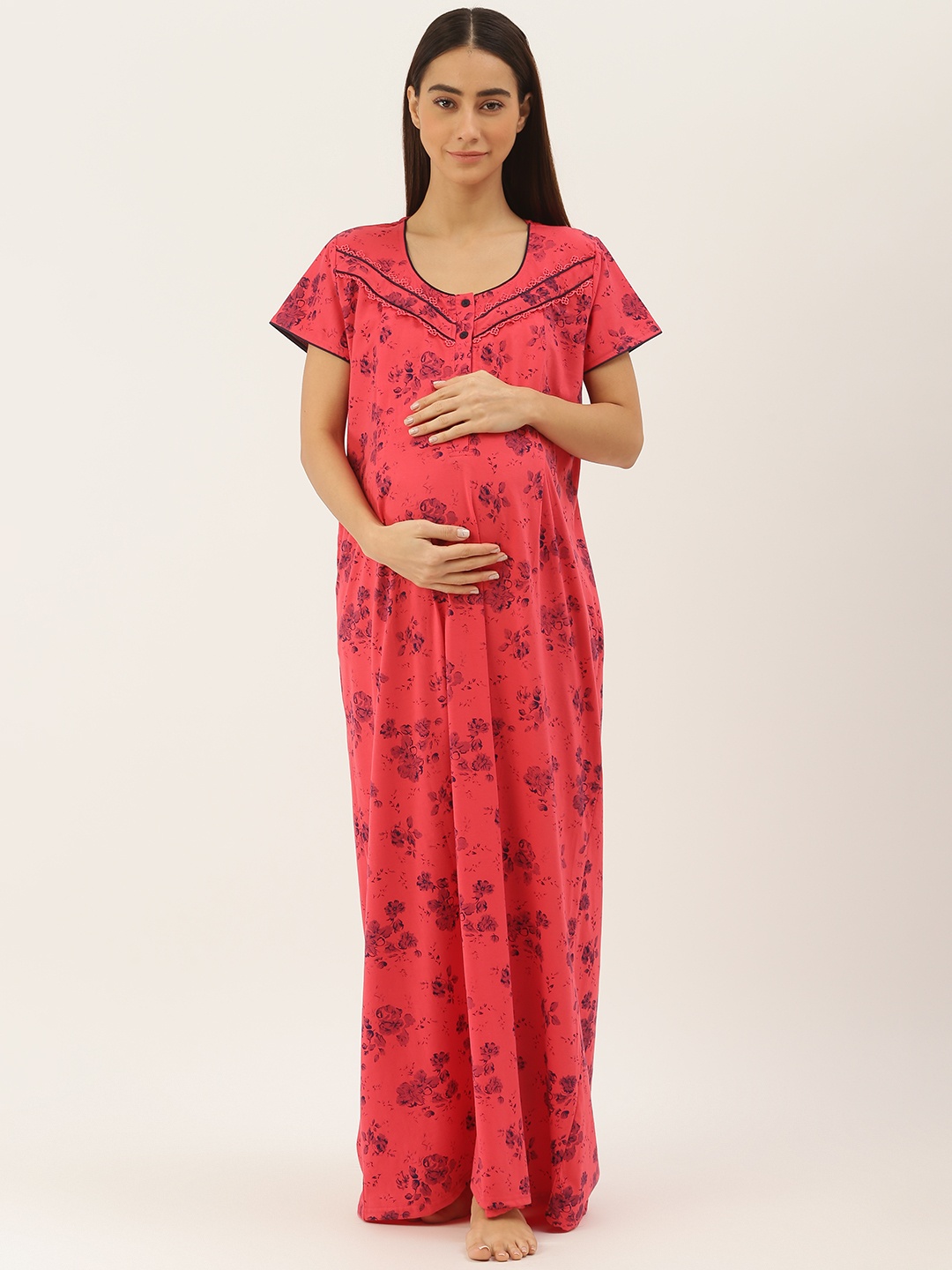 

Sweet Dreams Women Red & Black Printed Maternity Maxi Nightdress with Feeding Zip